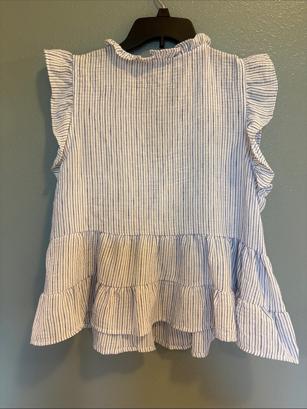 Blue Stripe Ruffle Sleeveless Button-Front Flowy Top - Picture 11 of 11
